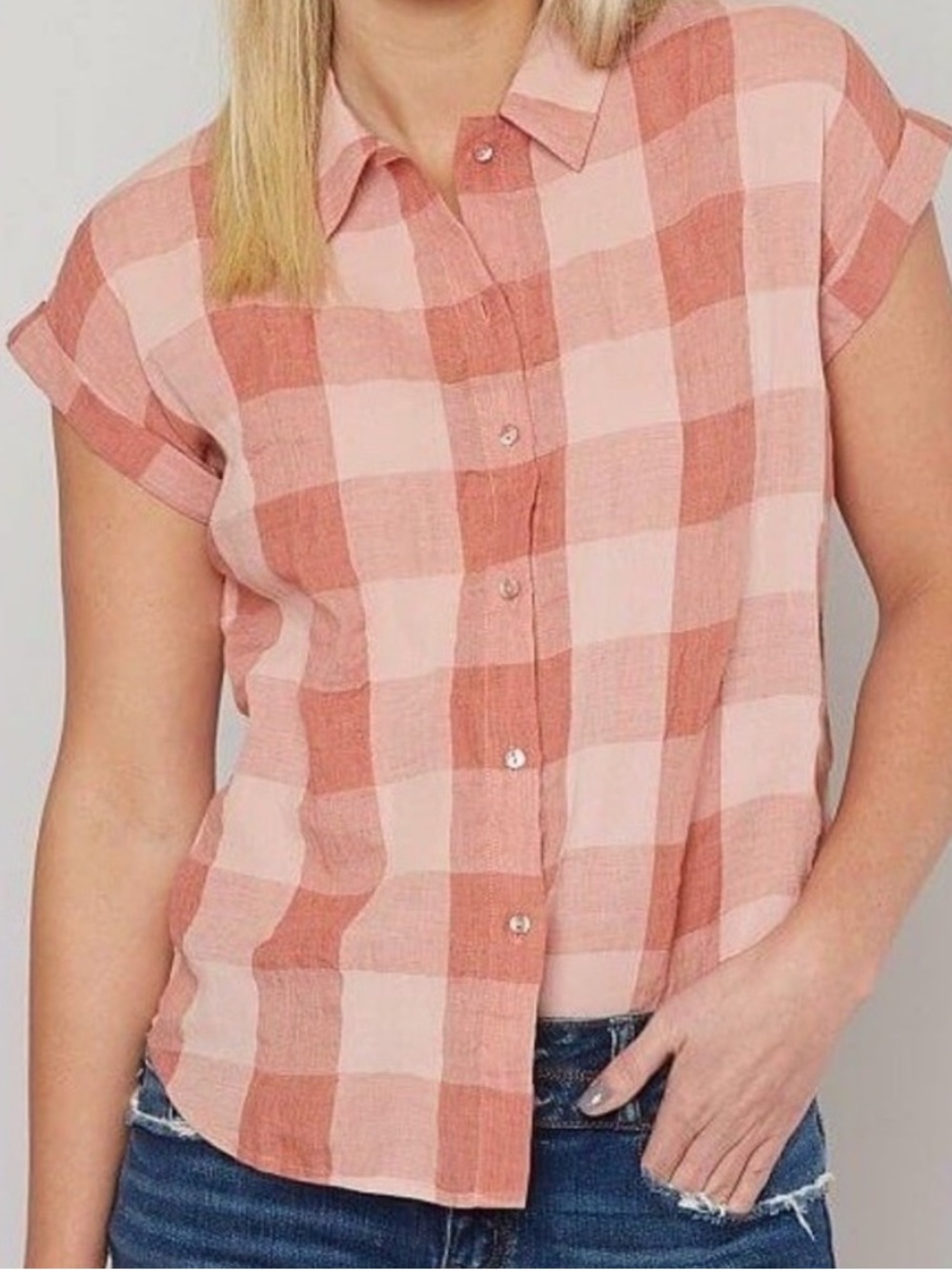 Lucky brand pink plaid short sleeve button down top shirt size M
